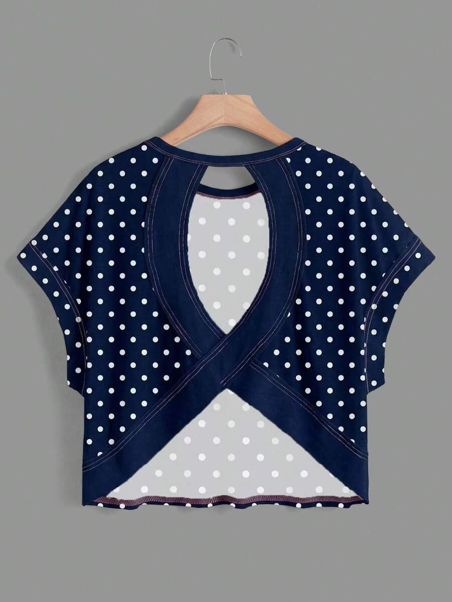 SHEIN Essnce Camiseta holgada de mujer de cuello redondo, sin espalda y bajo asimétrico, adecuada para el verano - Azul Marino - Ver 1