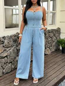 Dazy Plus Bộ jumpsuit denim không dây vai, có dây thắt eo, kiểu dáng thoải mái cho kỳ nghỉ, dành cho nữ cỡ lớn, mùa xuân/hè. - Rửa nhẹ - Xem 4