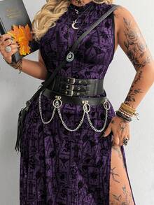 Flirla Dark Asymmetrical Pattern Dress With High Slit And Sheer Details - Purple - View 5