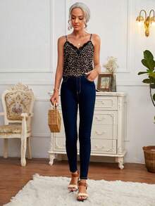 SHEIN Frenchy Áo hai dây ren nữ kiểu dáng thường ngày, họa tiết da báo, thích hợp cho mùa hè và mặc thường ngày. - Nhiều màu - Xem 4