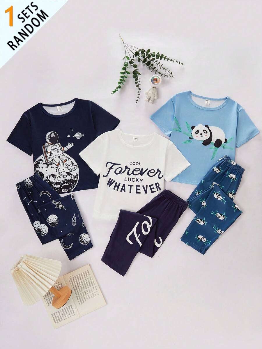 Tween Boy Round Neck Short Sleeve Casual Cute Print Summer Pajamas - Multicolor - View 1
