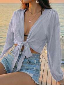 Swim Vcay Women's Solid Color Knotted Design Casual Beach Cover-Up Kimono - Mauve Purple - View 3