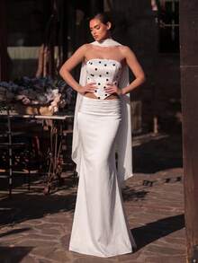 Aureia Elegant White Polka Dot Satin Strapless Two-Piece Dress, Pleated Party Gown For Wedding Guest,Prom & Evening Events - Black and White - View 6