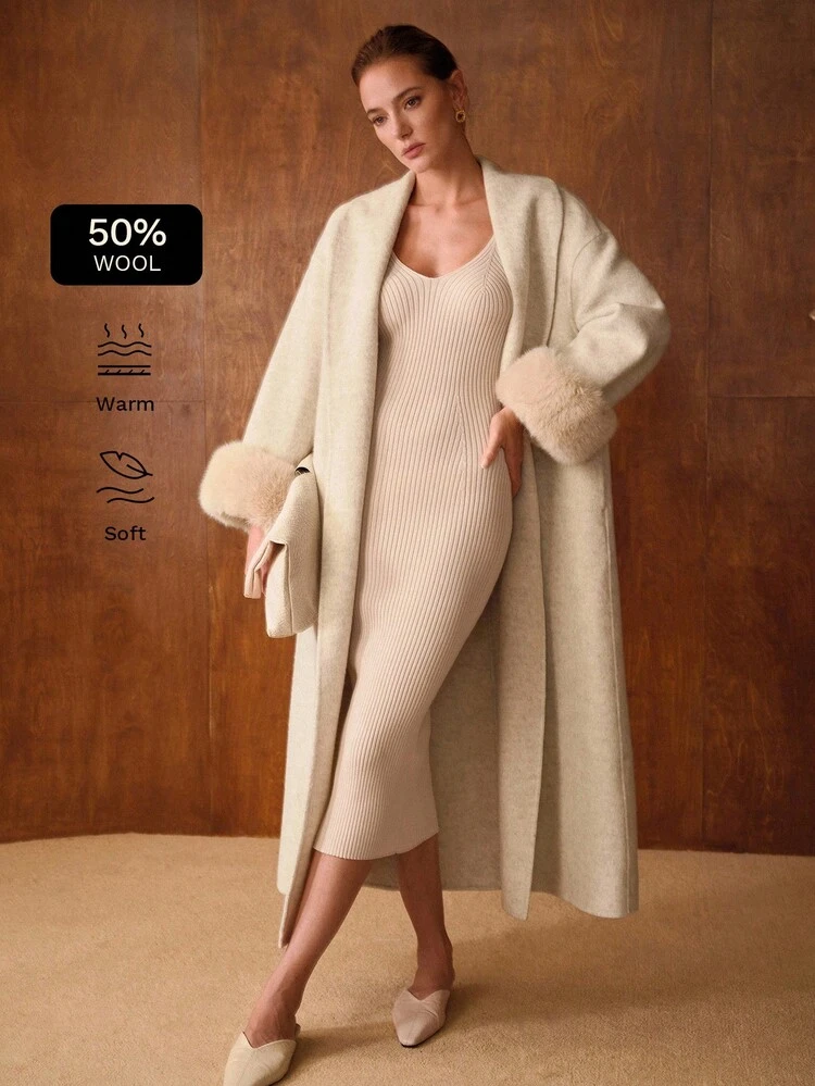 WOOL SHAWL COLLAR FUZZY CUFF BELTED OVERCOAT