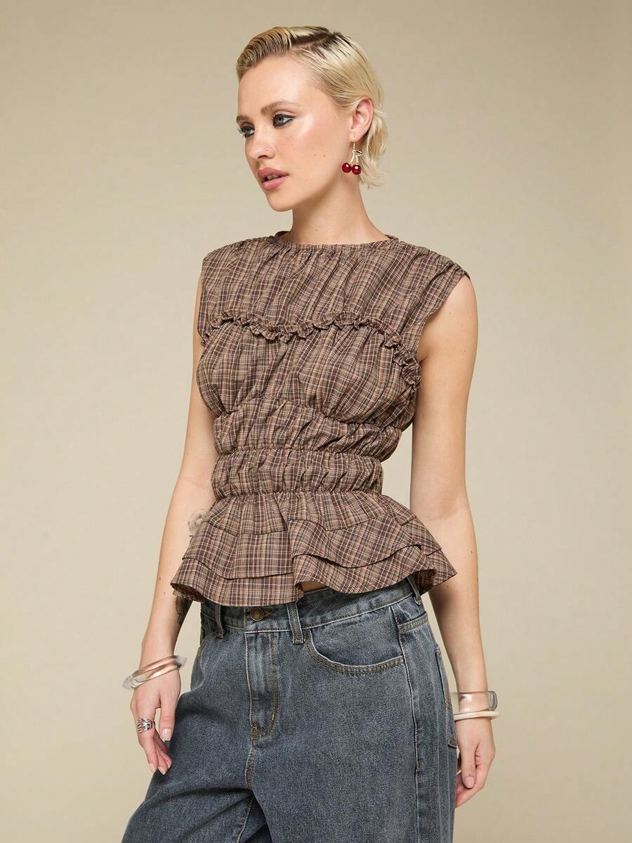 COUREZ Shrunken Shirred Check Top With Frills Detail And Peplum Hem /Y2K Spring Clothes For Women Check Print Going Out Tops Summer Tops Spring Break Outfits Summer Outfits - Apricot - View 1