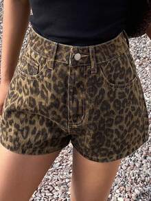 DAZY Quần short denim nữ mùa hè cạp thấp họa tiết da báo, kiểu dáng thường ngày. - màu nâu - Xem 5