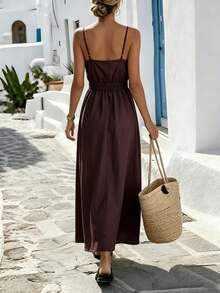 Selamara Women's Solid Color Waist Ruched Casual Cami Dress - Brown - View 2