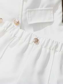 Elladie kids 年轻女孩纯色破洞翻领双排扣无袖夹克和短裤休闲装 - 白色 - 查看 5