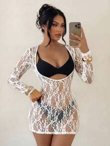 SHEIN Swim SXY Áo khoác ngoài ren xuyên thấu ôm sát người, tay dài, vai thường, màu trơn dành cho nữ. - trắng - Xem 3