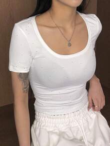 DAZY Women's Summer Scoop Neck Rhinestone Allover Print Slim Fit Casual Short Sleeve T-Shirt - White - View 9
