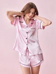 Bonmuse 3件組短袖上衣+短褲+長褲條紋印花口袋居家服套裝，女款春夏睡衣 - 彩色 - 查看 6