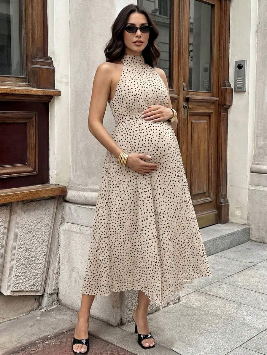 MaterniWear 孕妇波点印花优雅吊带连衣裙 - 白色 - 查看 1