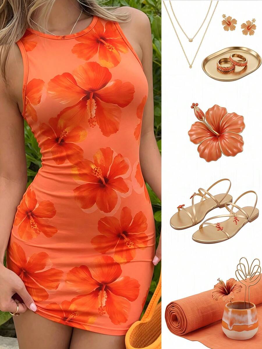 1 pieza Vestido básico ajustado con estampado para chicas adolescentes - Naranja - Ver 1