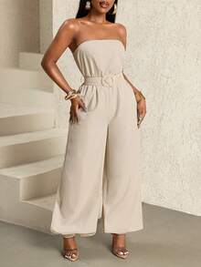 SHEIN BamGlam Printemps et été mode, nouveautés sexy et décontractées. Combinaison femme sans manches, sans bretelles, ample, avec ceinture tressée réglable à la taille. Tenue décontracté urbaine, élégante pour la villégiature, loisirs au bureau, déplacements, loisirs en extérieur, tenue d'intérieur, conçue pour 1 pièce usage polyvalent au quotidien, vacances, fête, plage. Tenues d'été pour femmes. - Kaki - Voir 5