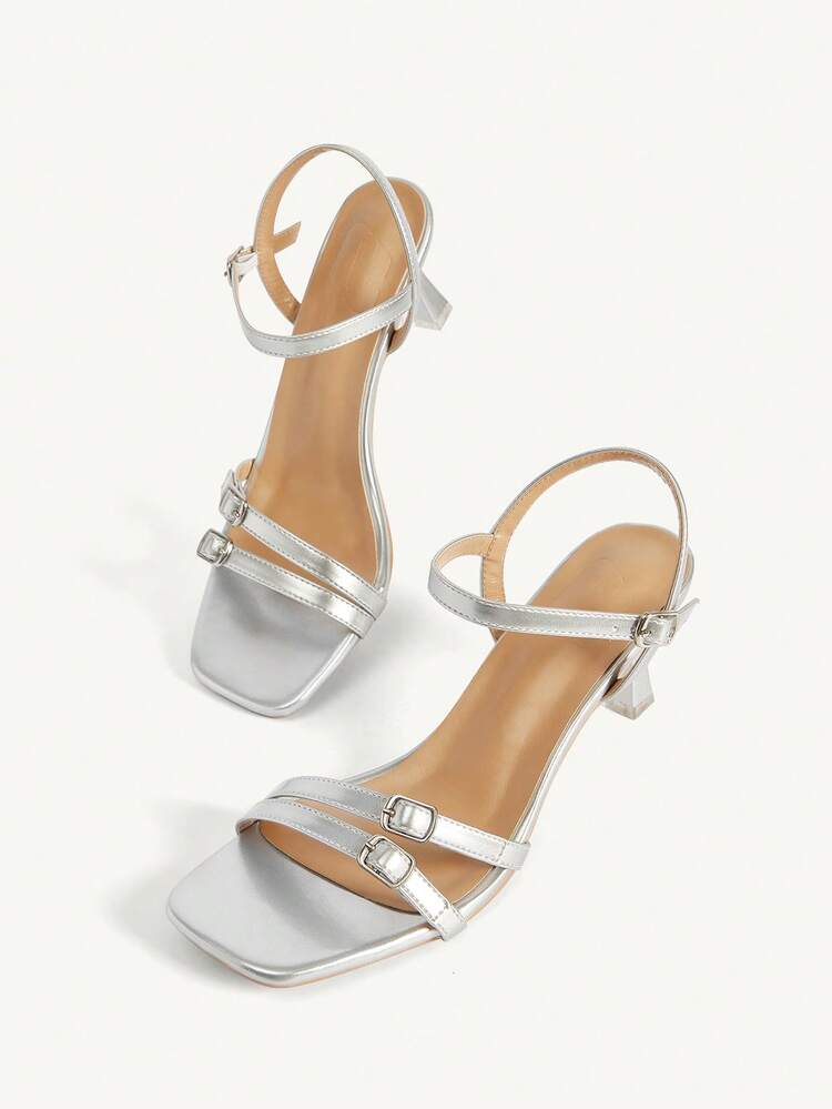CUCCOO CHICEST Silver Square Toe Sandals Women's 2026 Summer Models, Double Buckle Strap Stiletto Strap, Temperament Commuter High Heels Summer Shoes