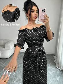 Modelyn 女士优雅波点短袖露肩荷叶边连衣裙，褶裥设计，舒适连衣裙 - 黑色 - 查看 3