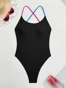 Swim SPRTY 夏季新款女式纯色露背细肩带性感连体泳衣海滩泳装 - 黑色 - 查看 8