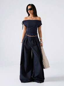 LYSMO Navy Blue Off-Shoulder Ruched Waist Women T-Shirt - Navy Blue - View 5