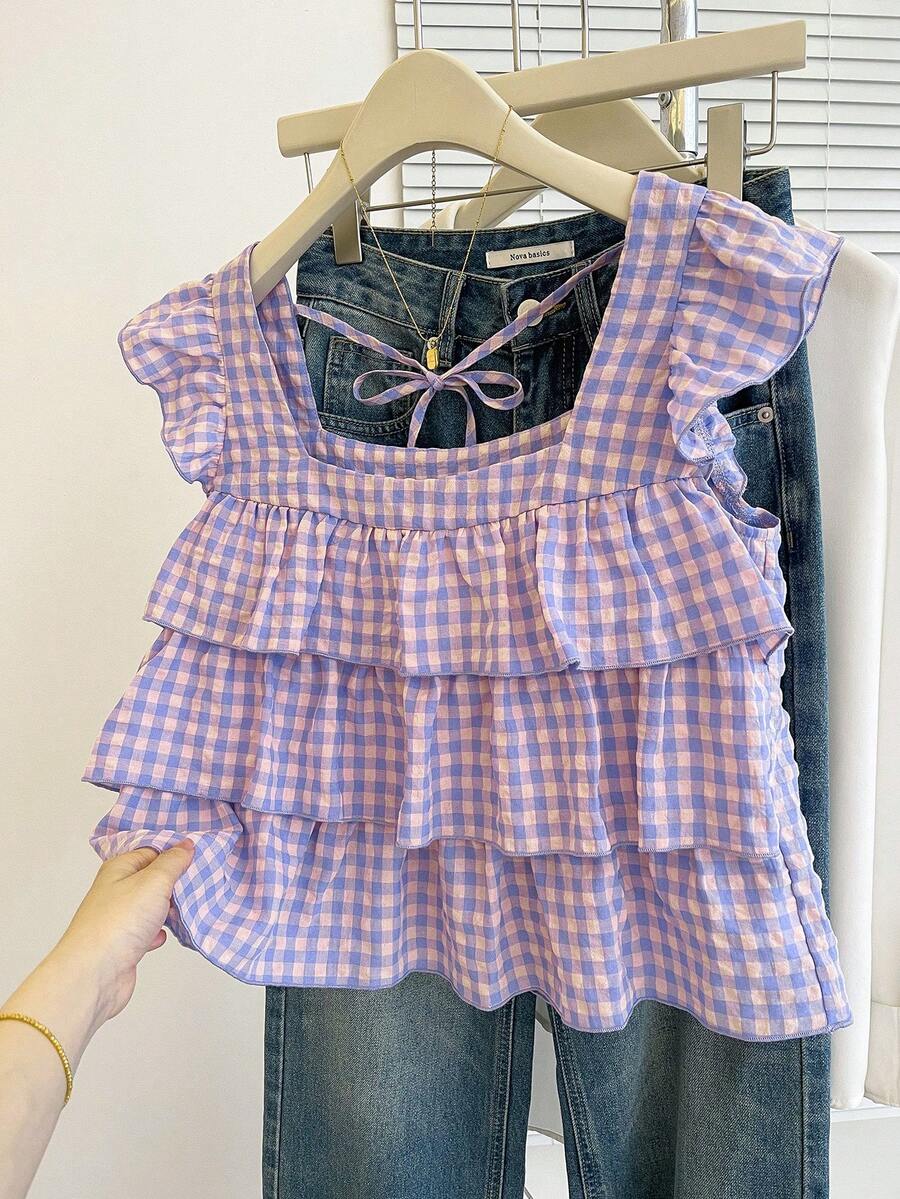 Franclia Nueva llegada de otoño, blusa con volantes en el bajo para mujeres - Morado - Ver 1