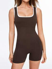 Eassivo Bộ áo liền quần tập yoga kiểu racerback có khóa kéo, chất liệu giả da, nâng mông, ôm sát cơ thể. - Cà phê nâu - Xem 7