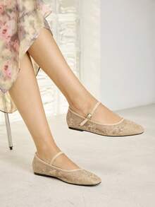 MOTF LADIES ELEGANT VERSATILE COMMUTER MESH FLORAL EMBROIDERED BUTTON FLATS FOR HOLIDAY WEAR - Apricot - View 2