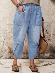 EMERY ROSE Mature Denim Plus Size Casual Washed Tapered Jeans - Light Wash - View 6