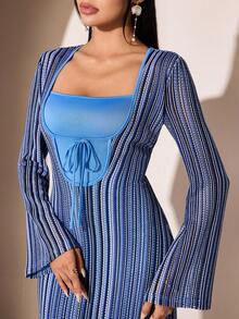 Veilorie Women's Spring/Autumn Beach Golf Vacation Colorblock Striped Print Flare Sleeve 2 In 1 Long Dress Pastal Sexy - Blue - View 7