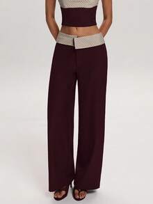 SHEIN BAE Pantalon droit décontracté pour femmes avec imprimé rayé blocs de couleurs, pour un port quotidien - Bordeaux - Voir 4