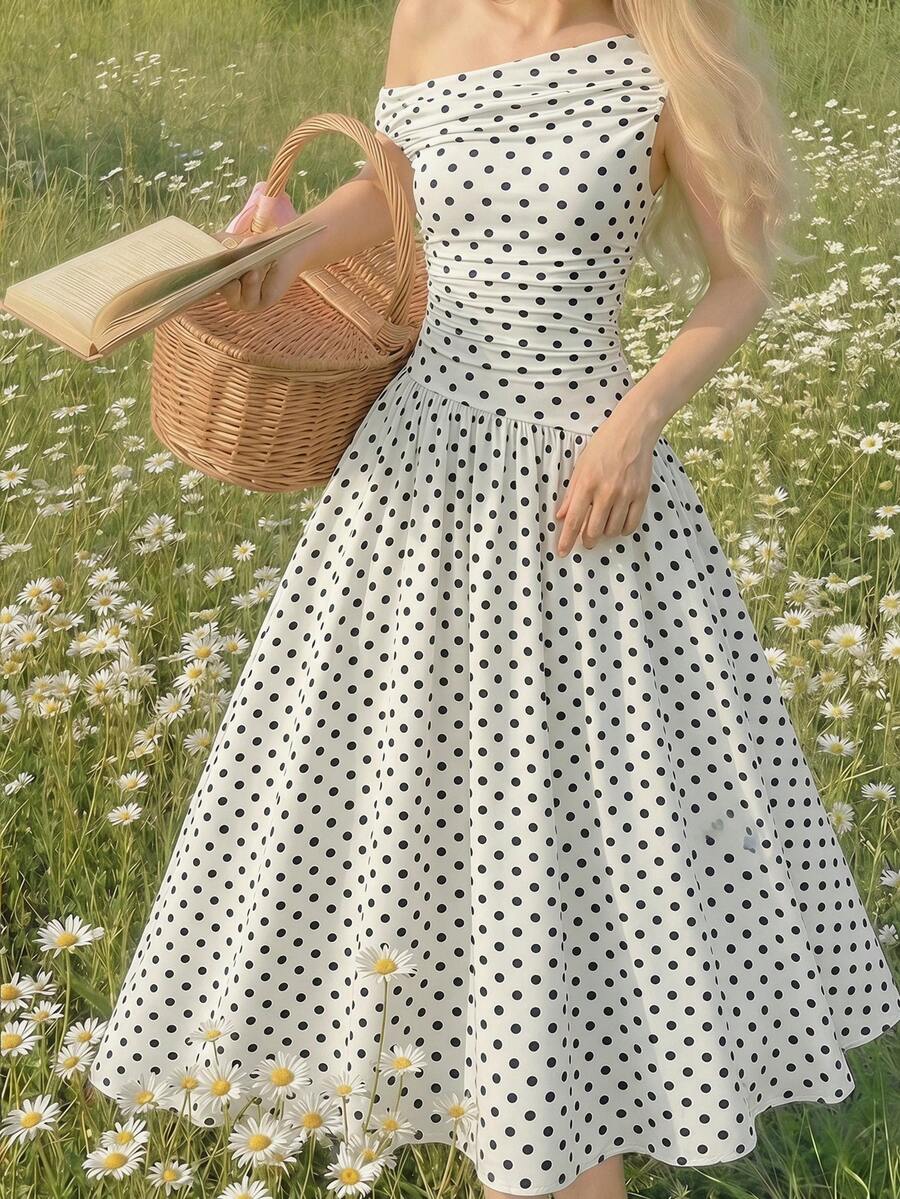 SHEIN 少女優雅露肩A字洋裝,黑白波點禮服模特兒裙 - 黑與白 - 查看 1