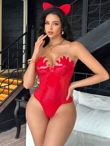 Fantasy Costume 2 piezas Traje de mono con parches de llamas y diadema, disfraz de lencería para mujer con estilo de diablo rojo - Rojo - Ver 5