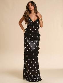 SHEIN BAE Đầm satin chấm bi cổ yếm xếp nếp mùa xuân hè, đầm chấm bi gợi cảm kiểu retro thích hợp cho hẹn hò, đi nghỉ mát, dự tiệc. - màu đen - Xem 1