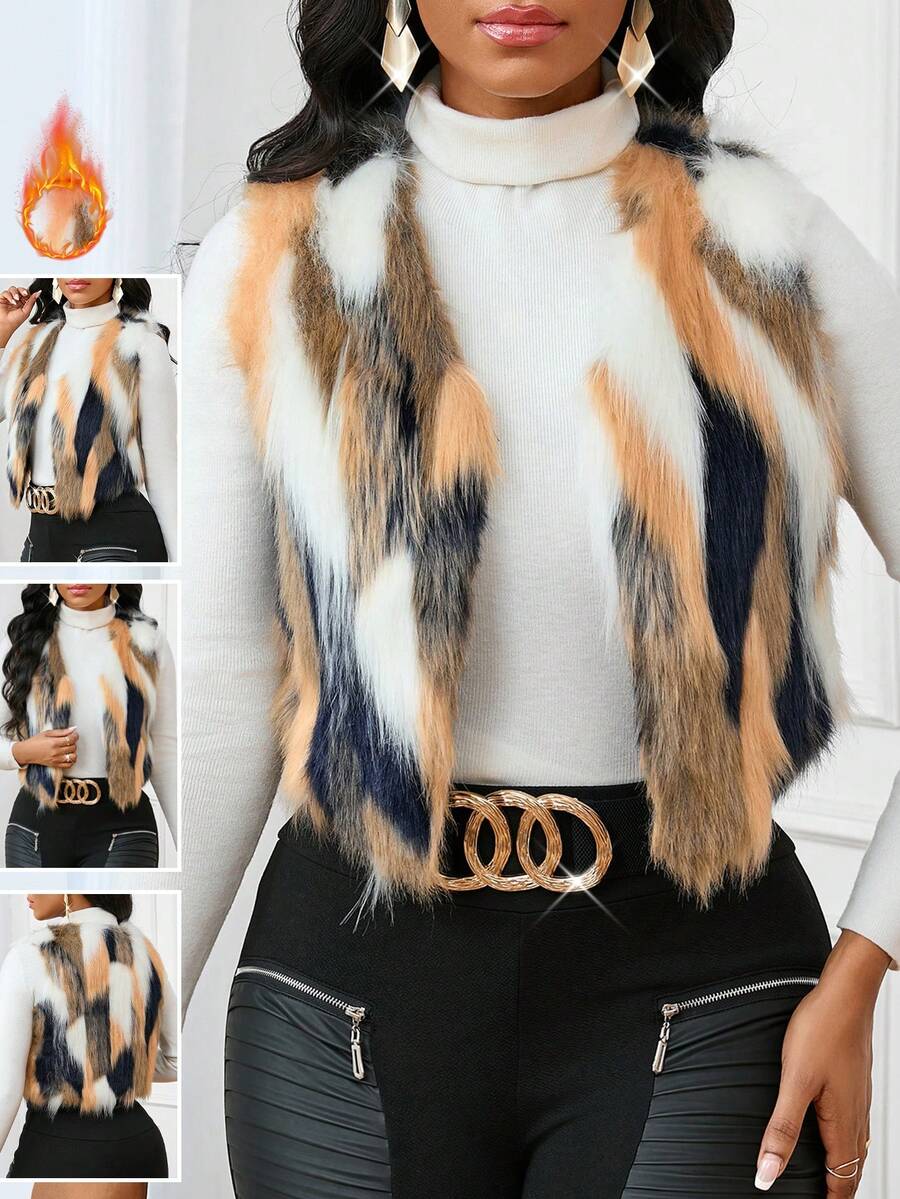 SHEIN Lady Áo khoác mùa đông không tay màu tương phản cho nữ - Nhiều màu - Xem 1