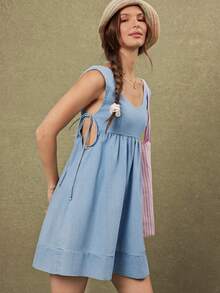 WESTFADE Đầm ngắn không tay bằng vải denim pha cotton, cổ tròn, thắt nơ bên hông, xẻ tà. - Rửa nhẹ - Xem 4