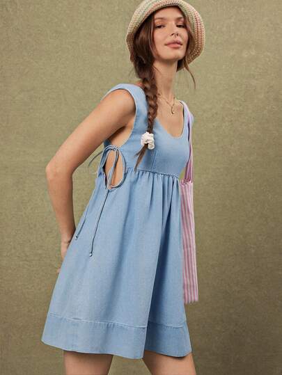 WESTFADE Scoop Neck Tie Side Cut Out Low Back Sleeveless Cotton Blend Denim Mini Dress