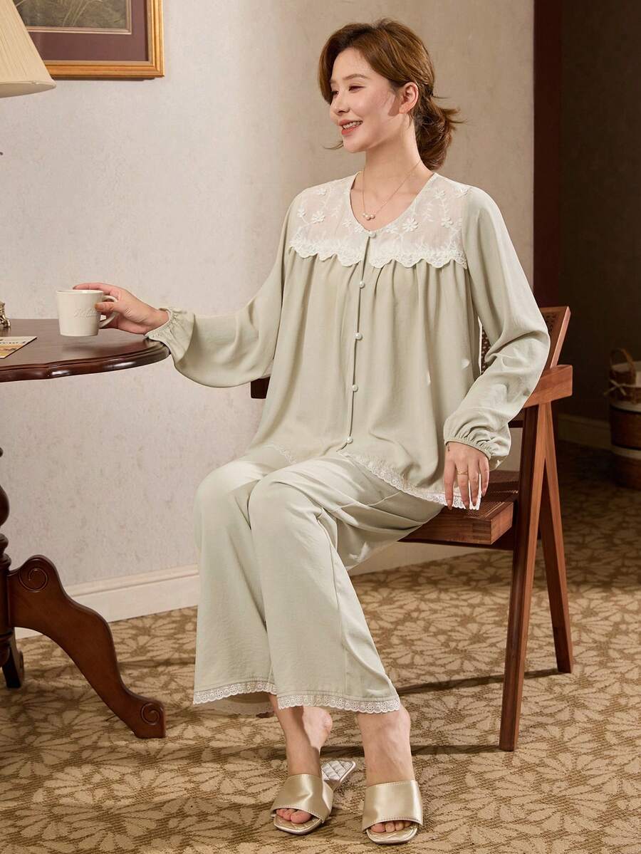 Conjunto de pijama de manga larga con botones cómodo para mujer - Blanco - Ver 1
