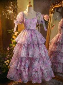 SHEIN MOD 女士碎花心形领口网纱拼接短袖连衣裙 - 淡紫色 - 查看 3