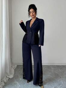 Elenzga Blazer et pantalon élégant en ensemble 2 pièces pour femmes, avec patchwork de dentelle. Convient pour le style décontracté, les déplacements, la mode de rue vintage française, les affaires, les vacances. Automne/Hiver - Bleu marine - Voir 4