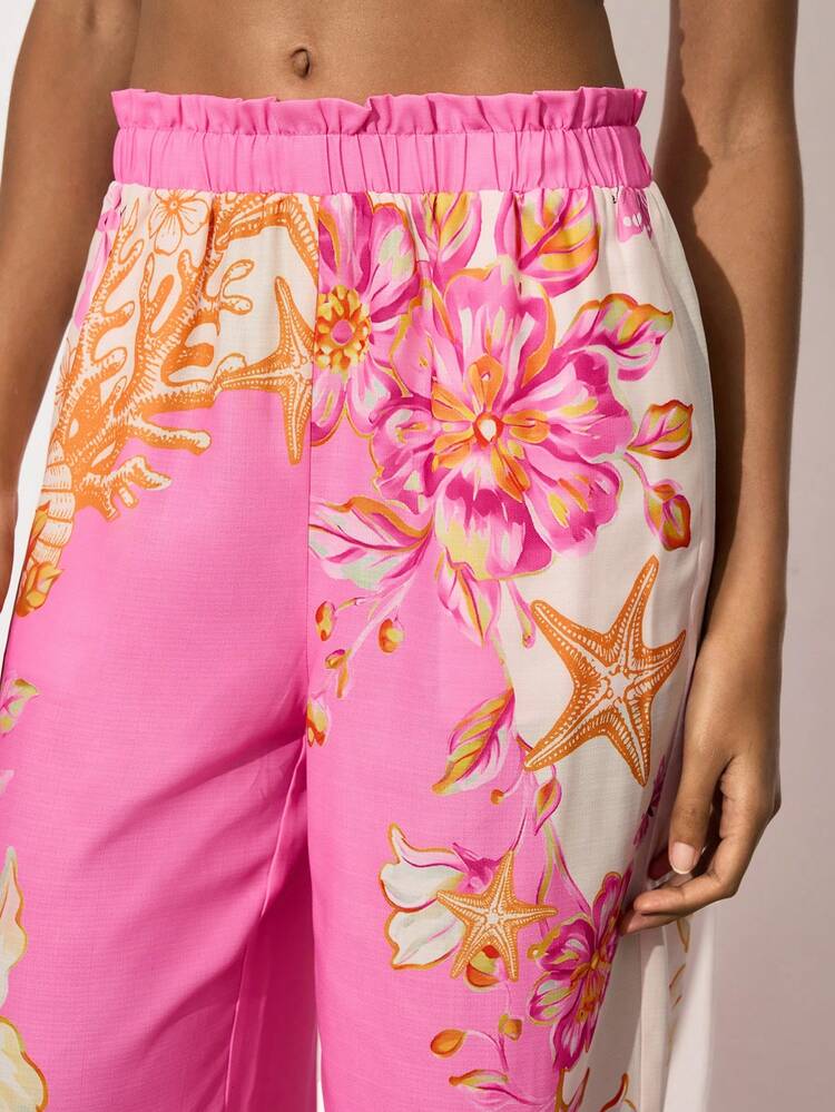 SHEIN Maija Women's Pink Floral Boho Vacation Holiday Autumn Casual Starfish Coral Print Paper Bag Waist Loose Wide Leg Pants Country Concert Beach Wear Trousers