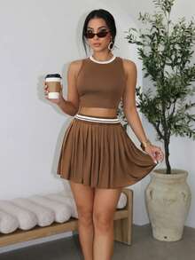 SOLERSUN Sexy And Elegant Women's Casual American College Style Two Pieces Set: Vest And Skirt Set For Spring And Summer. Brown Skirt And Top Co Ord Outfits For Women 2 Piece Outfits 2 Piece Set Brown Two Piece Set Skirt Brown Two Piece Outfit - Coffee Brown - View 4