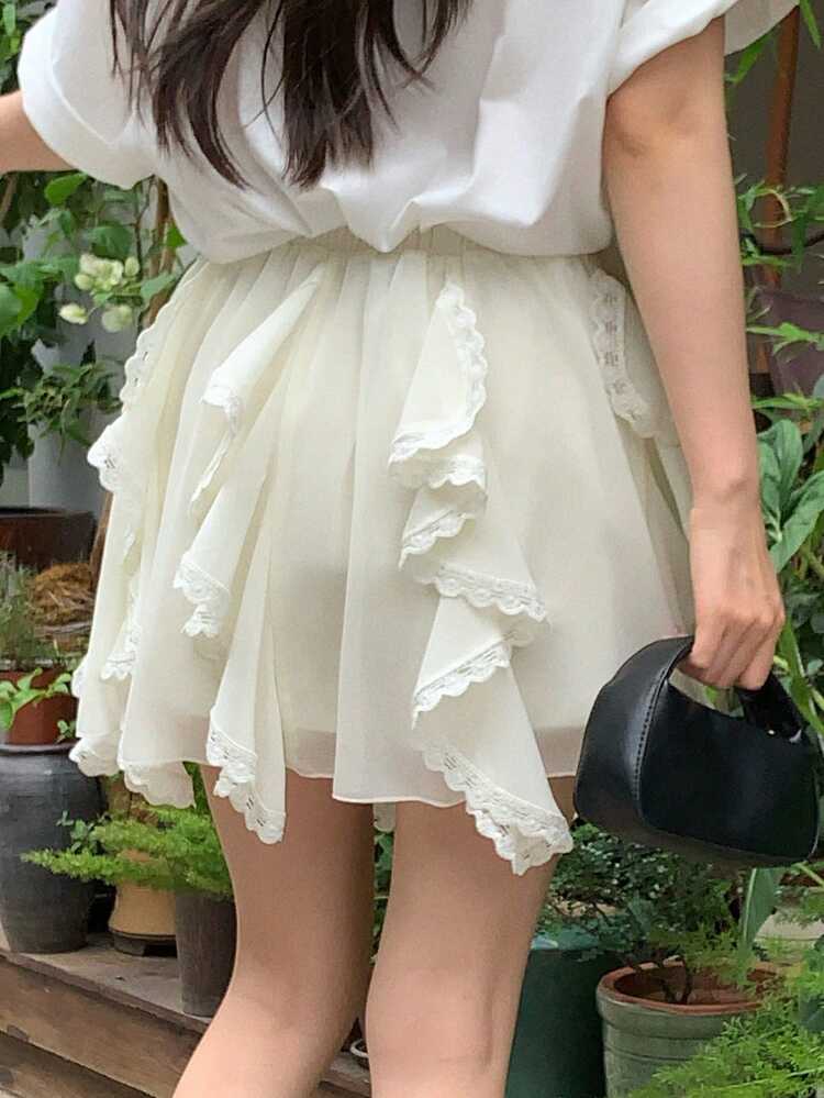 Women's Solid Color Patchwork Ruffle Hem Elastic Waist Casual Vacation Summer Skort