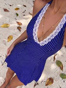 Bellisia 2pcs/Set Women Modest 1920s Gatsby Swimsuit Skirt, V-Neck Blue Polka Dot Lace Trim Random Floral Print, Suitable For Swimming, Vacation, Beach Summer - Blue - View 3