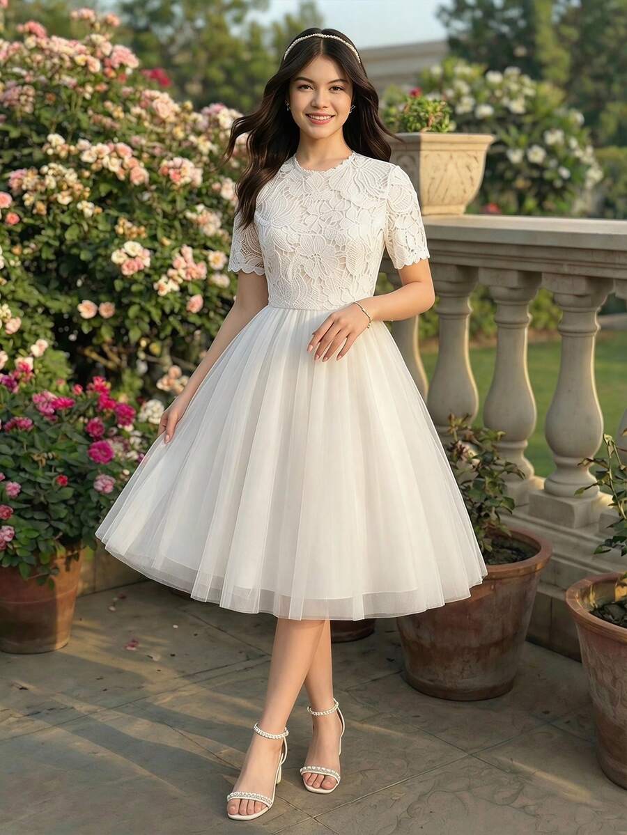 青少年女孩夏季優雅派對蕾絲拼接網紗短袖洋裝,伴娘訂婚婚禮白色禮服 - 白色 - 查看 1