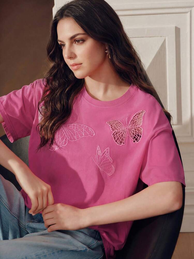 Women's New Pink Beach Vacation Butterfly & Shell Print Short Sleeve Knit Top, Elegant Knitted Sweater