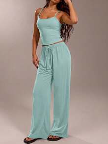 Avantive Women's Vacation Solid Color Camisole And Pants Casual Suit,Vacation Outfits Women,Summer Outfits For Women - Mint Green - View 4