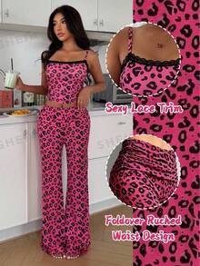 ZzzCrew Setelan 2 Potong Musim Panas Wanita Motif Leopard Vintage dengan Patchwork Renda dan Celana Panjang Ruffle Model Flare - Hot Pink - View 5