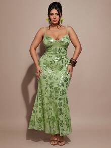 SHEIN BAE Plus Size Women Green Sequin Strap Dress - Green - View 6