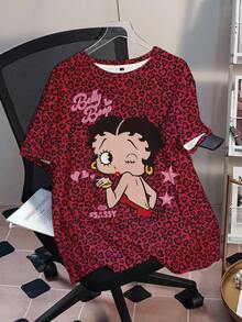 Betty Boop x SHEIN 大码女式时尚可爱豹纹圆领短袖T恤 - 白色 - 查看 6