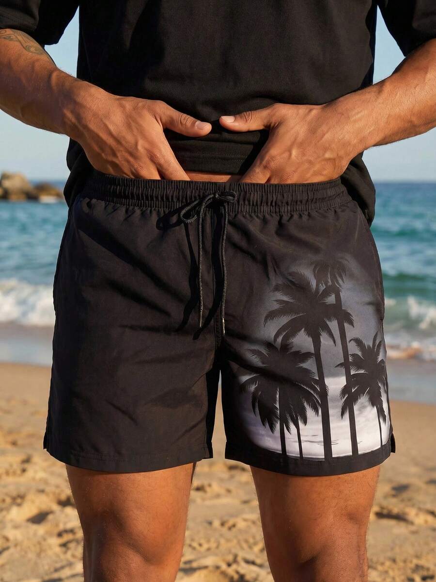 Manfinity EZcore Plus Size Men's Elastic Waist Drawstring Casual Pocket Beach Shorts, Versatile For Summer Men Palm Tree Swim Shorts Black Hawaiian Swim Shorts Men Black Swim Trunks - Black - View 1