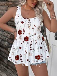 SHEIN LUNE Textured Knit Printed Cinched Waist Plus Size Tank Top - Multicolor - View 7