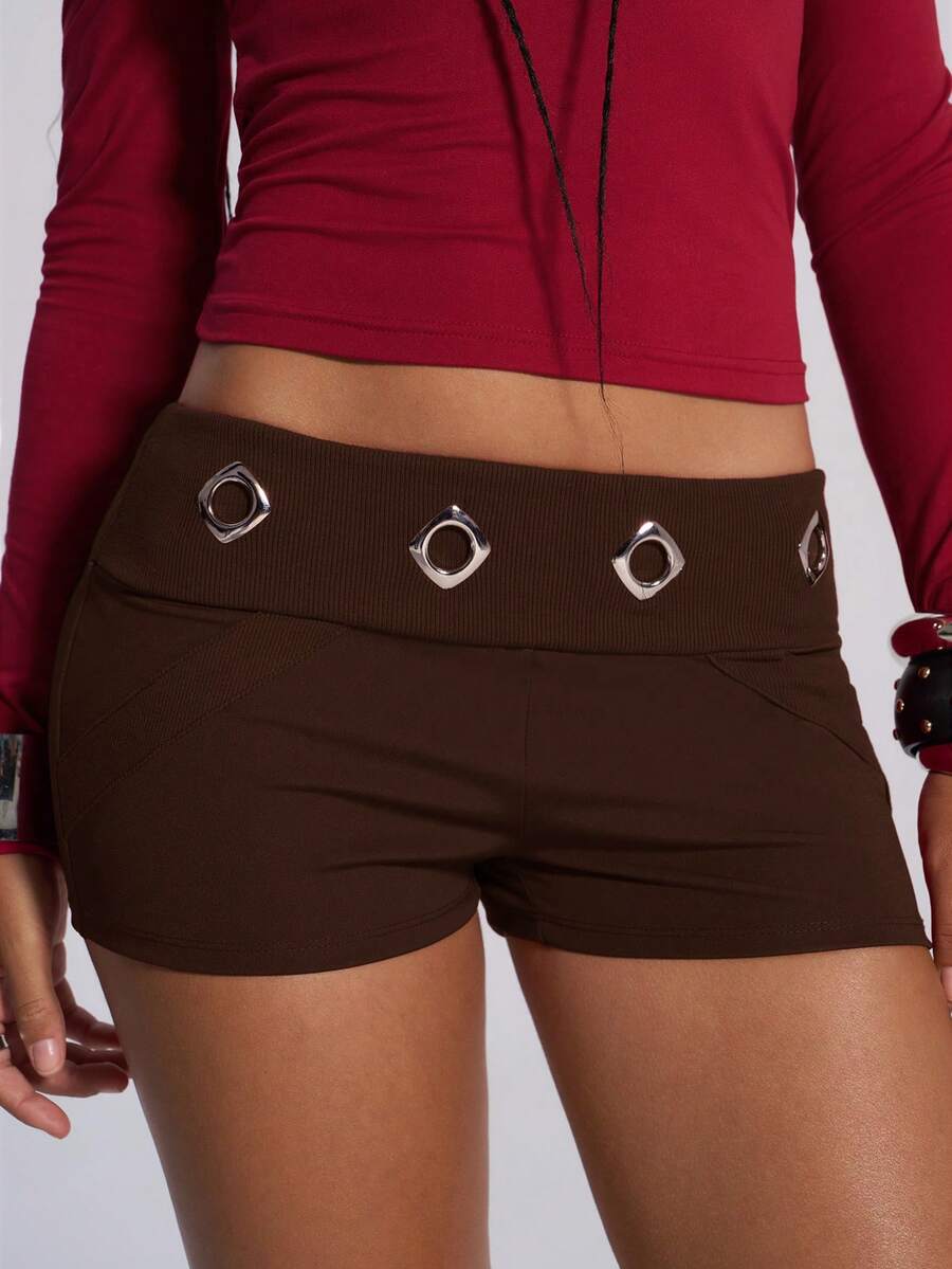 TypaGal Women's Solid Color Metal Eyelet Fitted Summer Casual Shorts - Brown - View 1